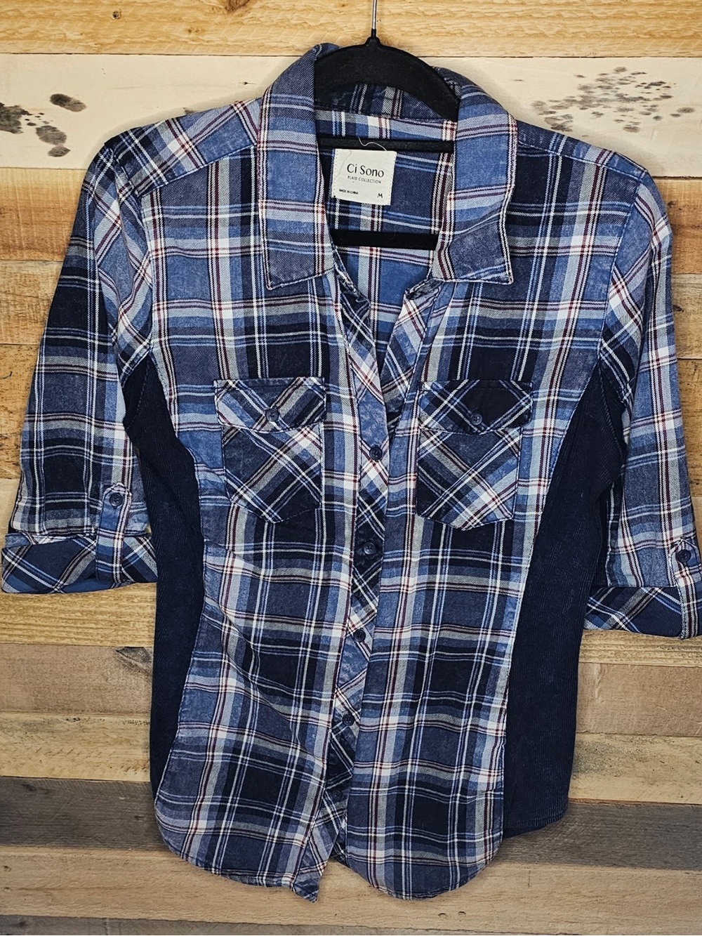 Ci Sono Navy and Light Blue Plaid Button-Front Shirt